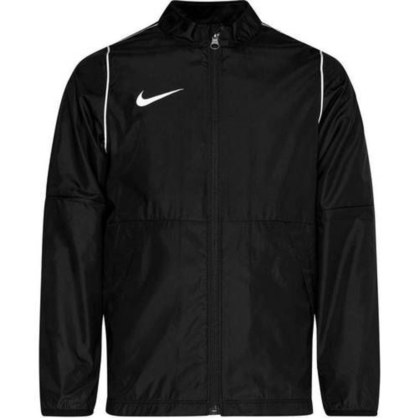 Vue de face de la veste de pluie Nike Repel Park 20 noire pour enfant avec logo Swoosh blanc et pass