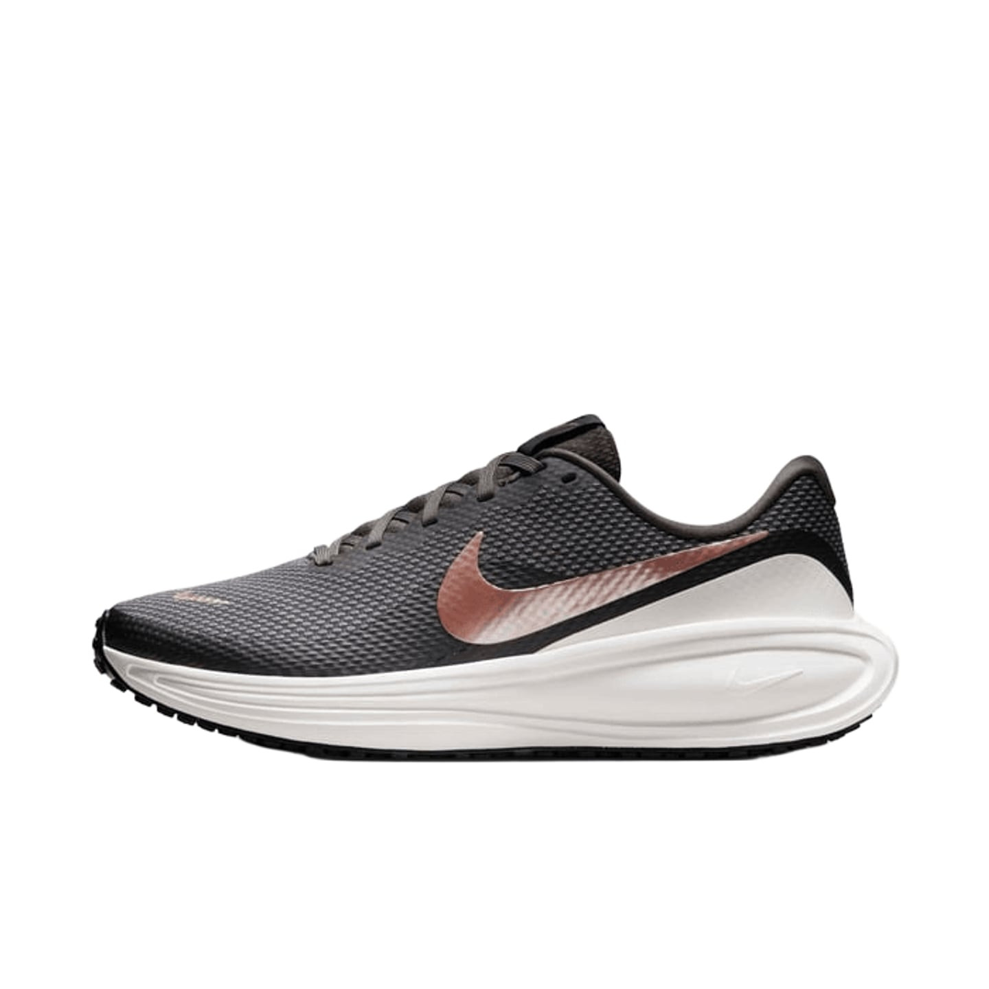 Profil latéral de la Nike Revolution 8 femme gris foncé, Swoosh or rose et semelle en mousse blanche