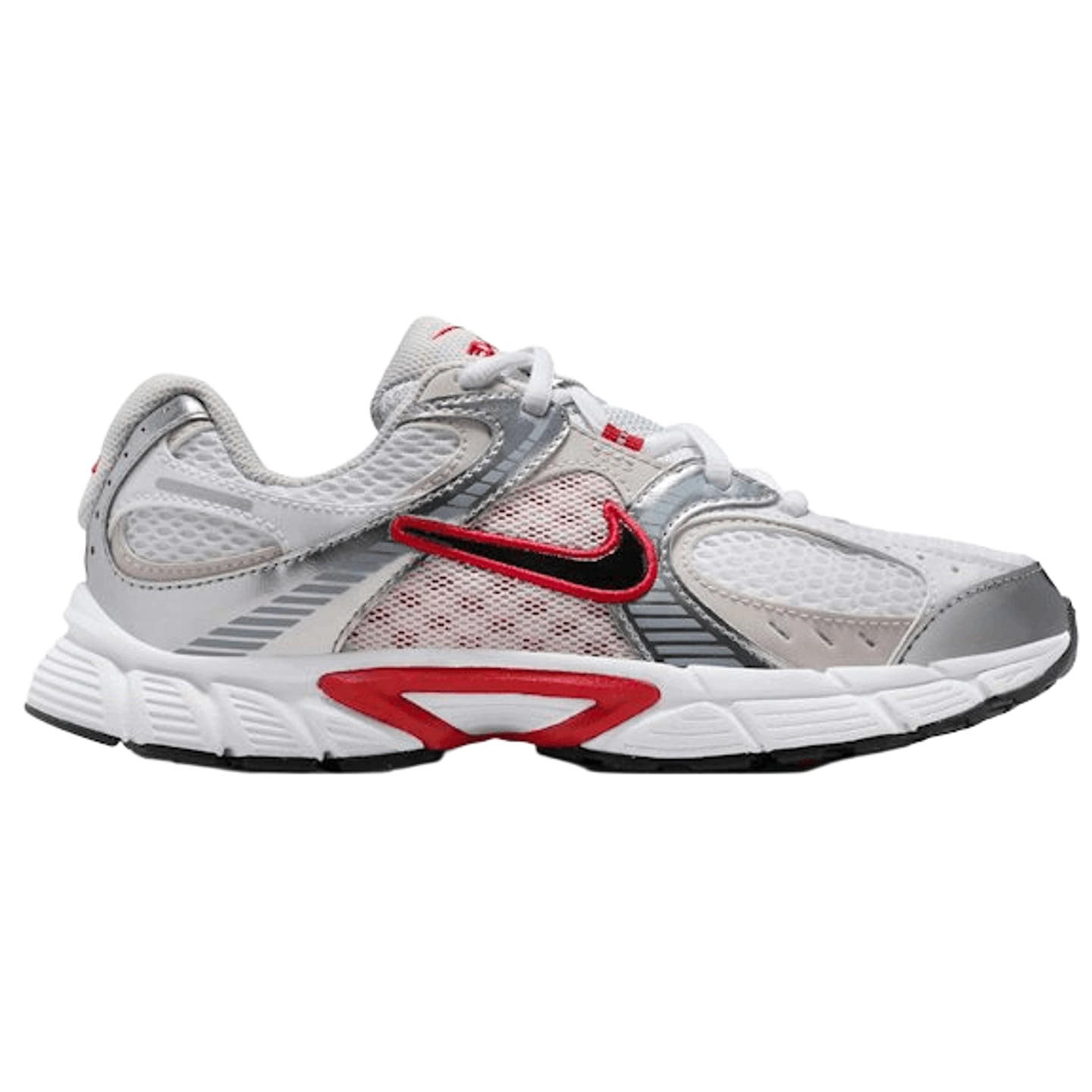 Vue de profil de la basket Nike V5 RNR (GS) Vast Grey/Gym Red, mesh blanc, renforts gris et Swoosh r