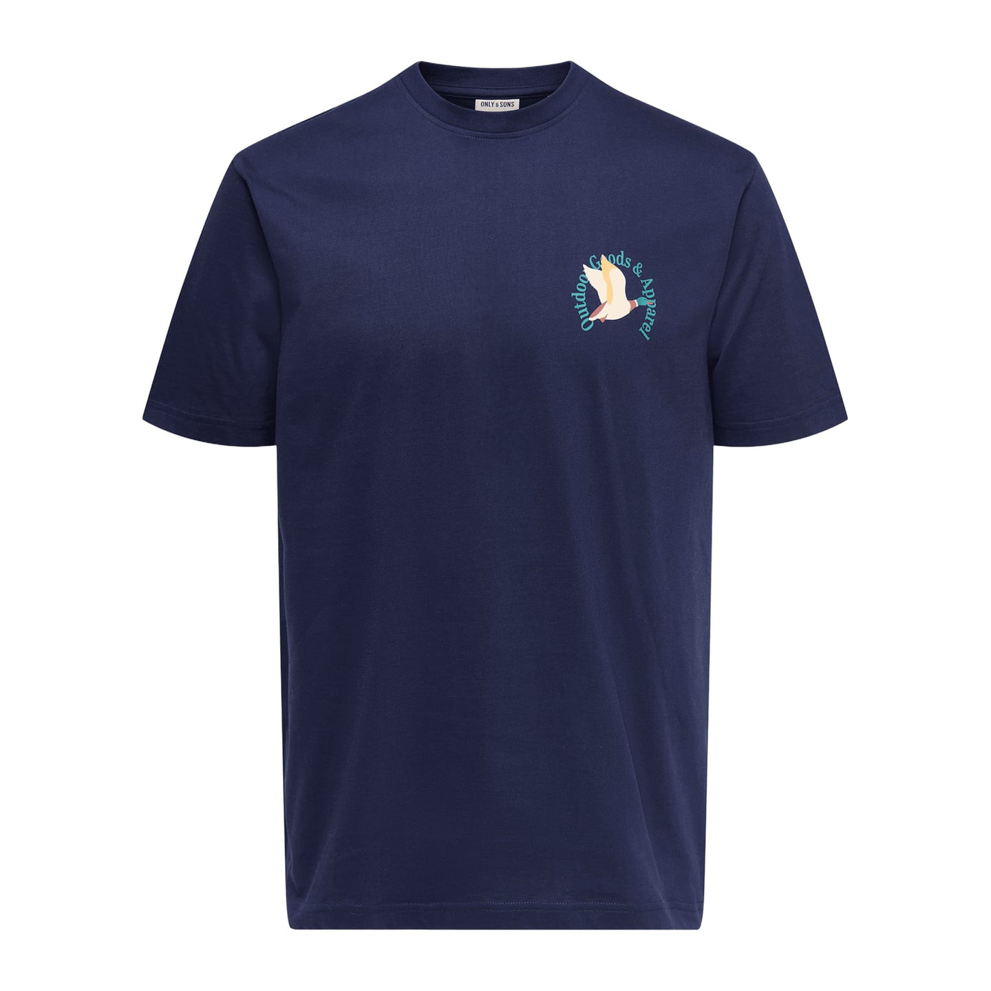 Vue de face du t-shirt ONSBEC LIFE DUCK RLX SS TEE bleu marine d'Only & Sons avec petit motif canard