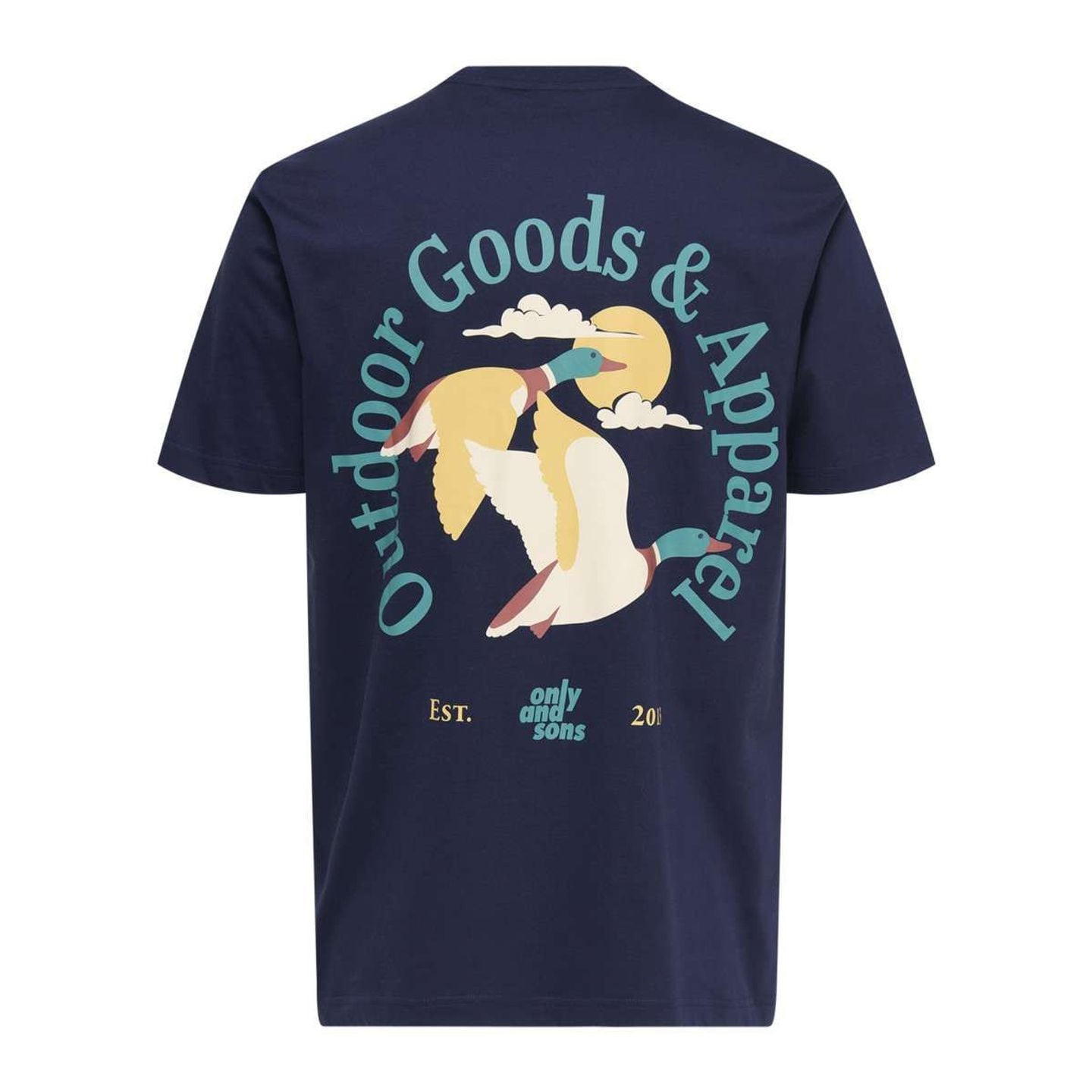 Vue de dos du t-shirt bleu marine Only & Sons avec grand motif de deux canards Outdoor Goods & Appar