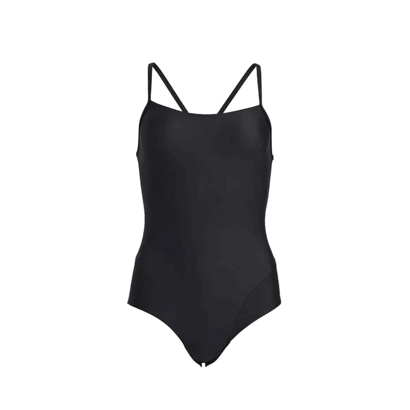 Maillot de bain une pièce noir à col carré et fines bretelles spaghetti, vue de face en packshot