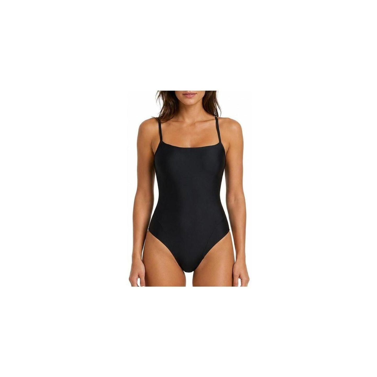 Femme portant le maillot de bain une pièce Justine noir à col carré et fines bretelles