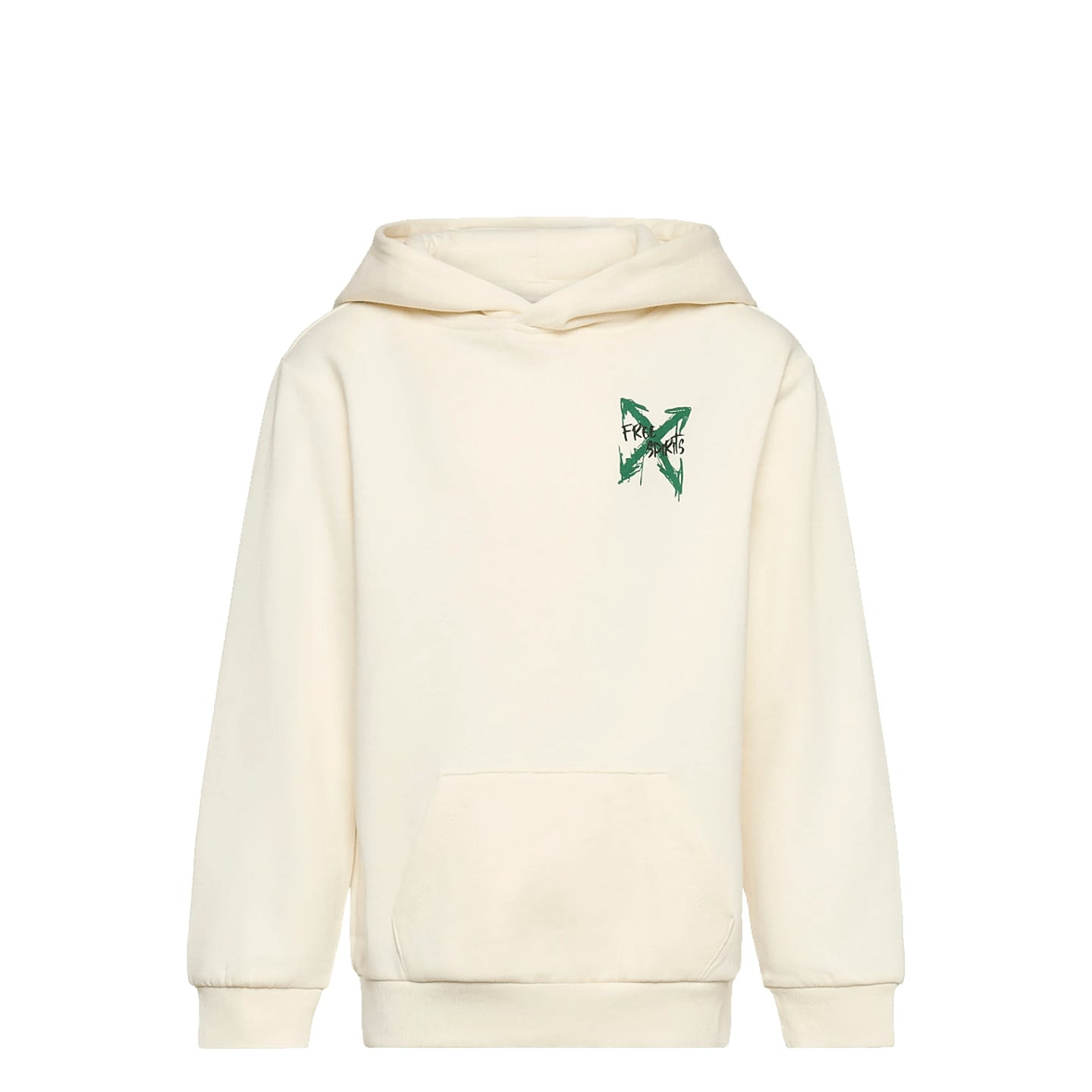 Vue de face du sweat à capuche enfant blanc antique avec poche kangourou et petit logo X vert