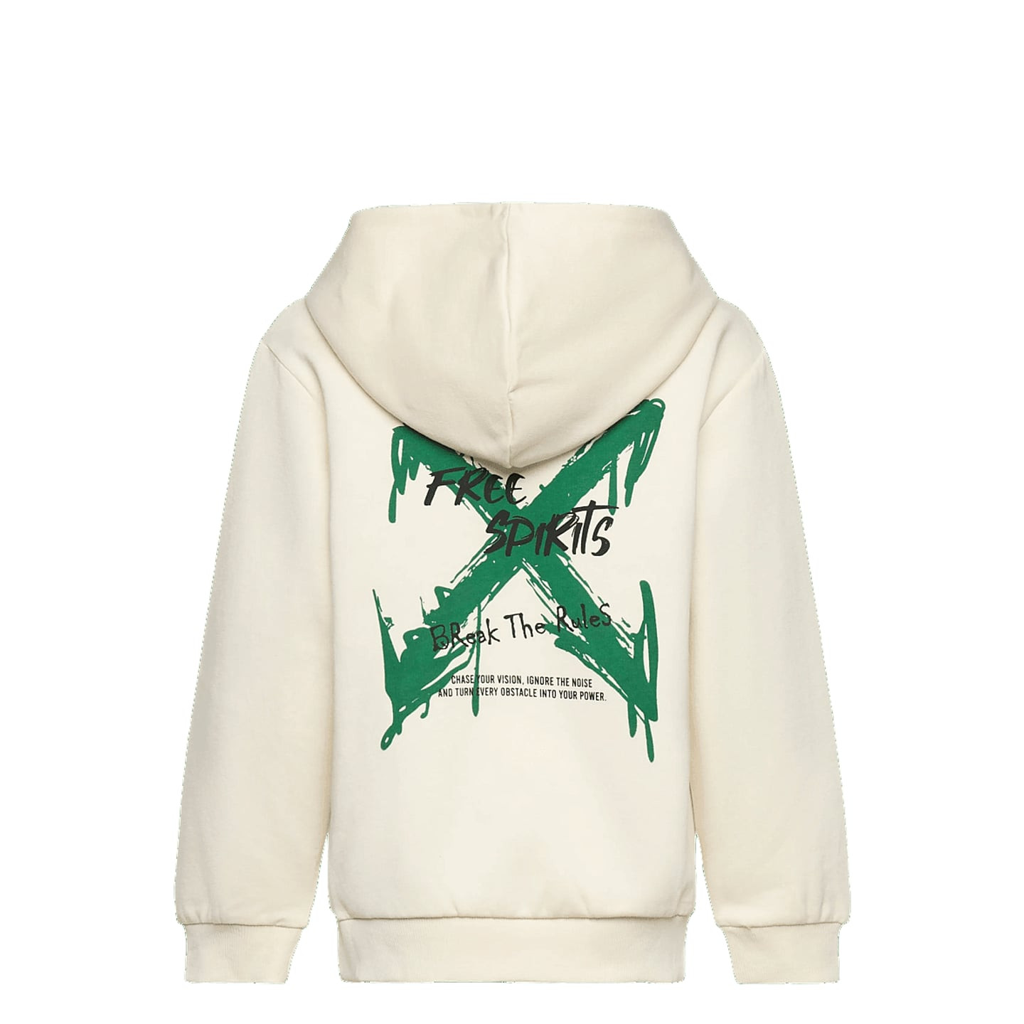 Vue de dos du sweat à capuche enfant crème avec grand X vert et slogan Free Spirits