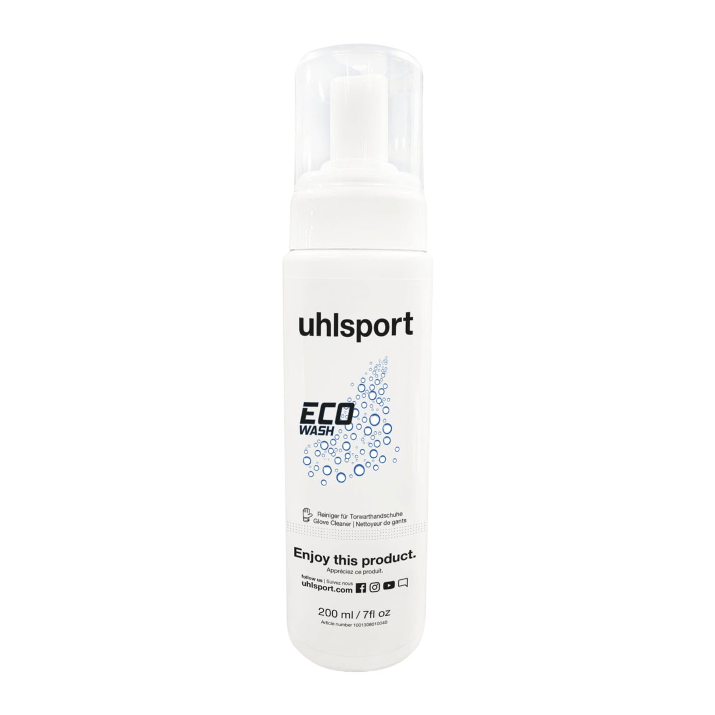 Flacon pompe uhlsport ECO WASH 200 ml blanc avec bouchon transparent et bulles bleues pour nettoyage