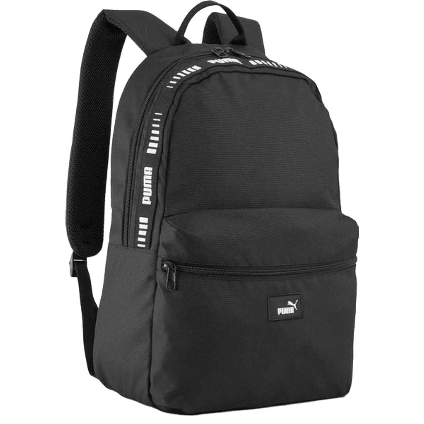Sac à dos PUMA Phase Tape noir, vue de face, bande verticale décorative, poche zippée et logo