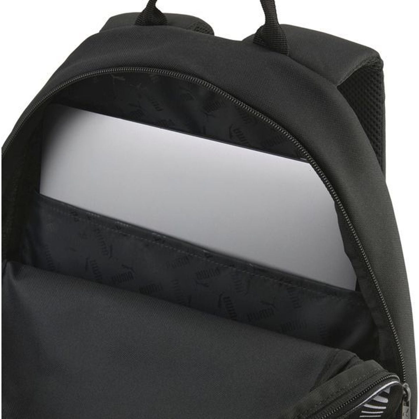Sac à dos PUMA Phase Tape noir ouvert avec compartiment principal spacieux et pochette rembourrée po
