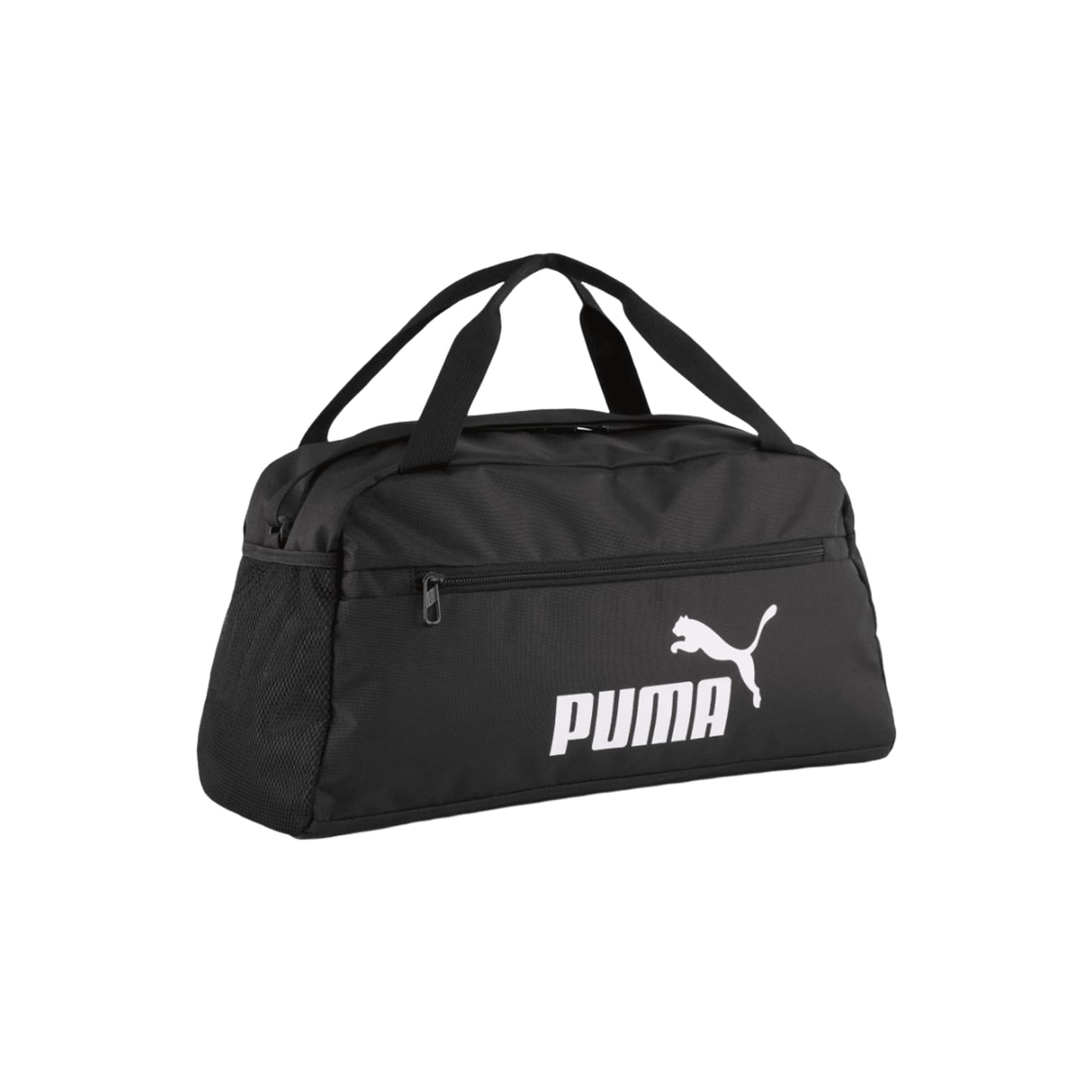 Sac de sport PUMA PHASE SMALL noir avec double poignée, poche avant zippée, poche latérale en mesh e