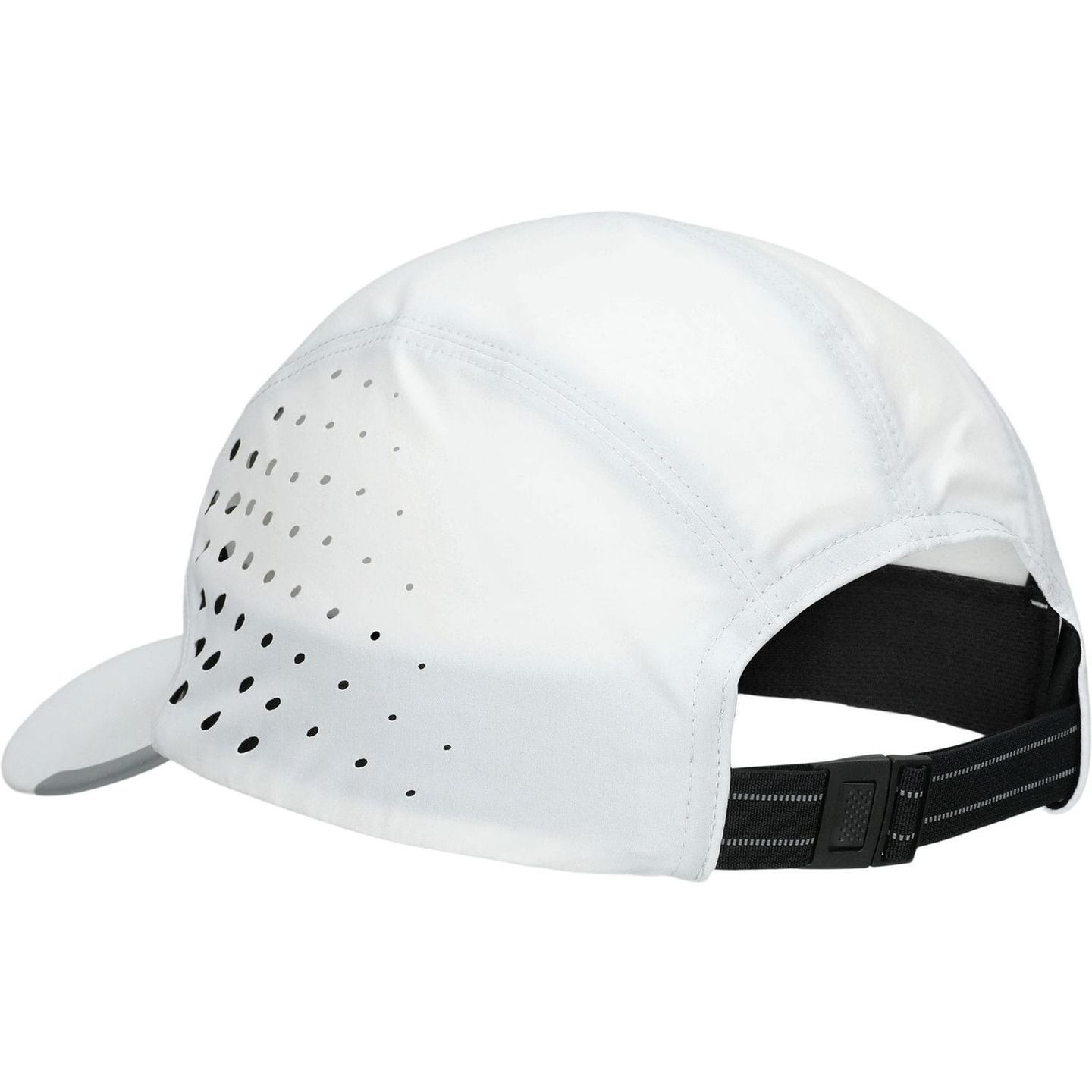 Vue arrière de la casquette de running ASICS blanche avec panneaux perforés et sangle réglable avec 