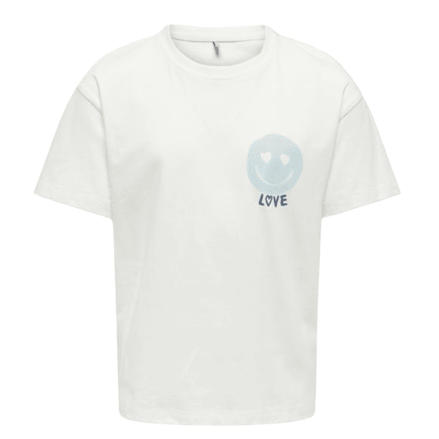 T-shirt fille blanc en coton bio, vue de face, avec imprimé smiley LOVE bleu clair sur la poitrine e