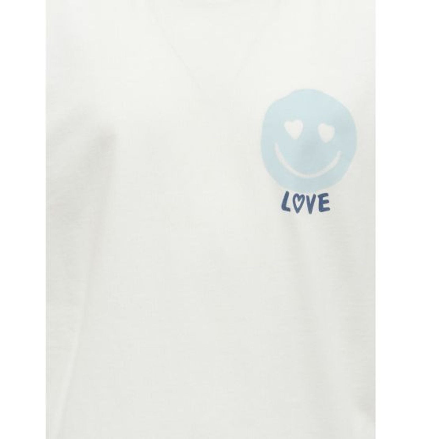 Gros plan de l'imprimé smiley bleu clair et du texte LOVE sur un t-shirt en coton biologique blanc p