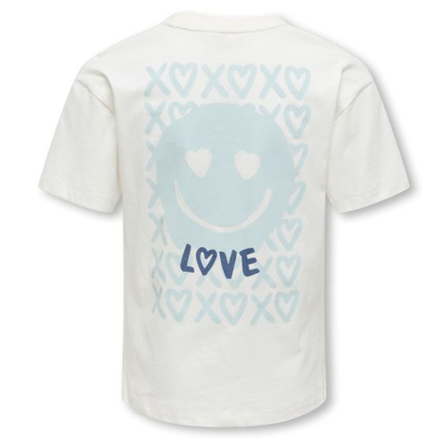 Dos du t-shirt fille blanc coupe décontractée avec grand smiley LOVE bleu clair entouré de motifs cœ