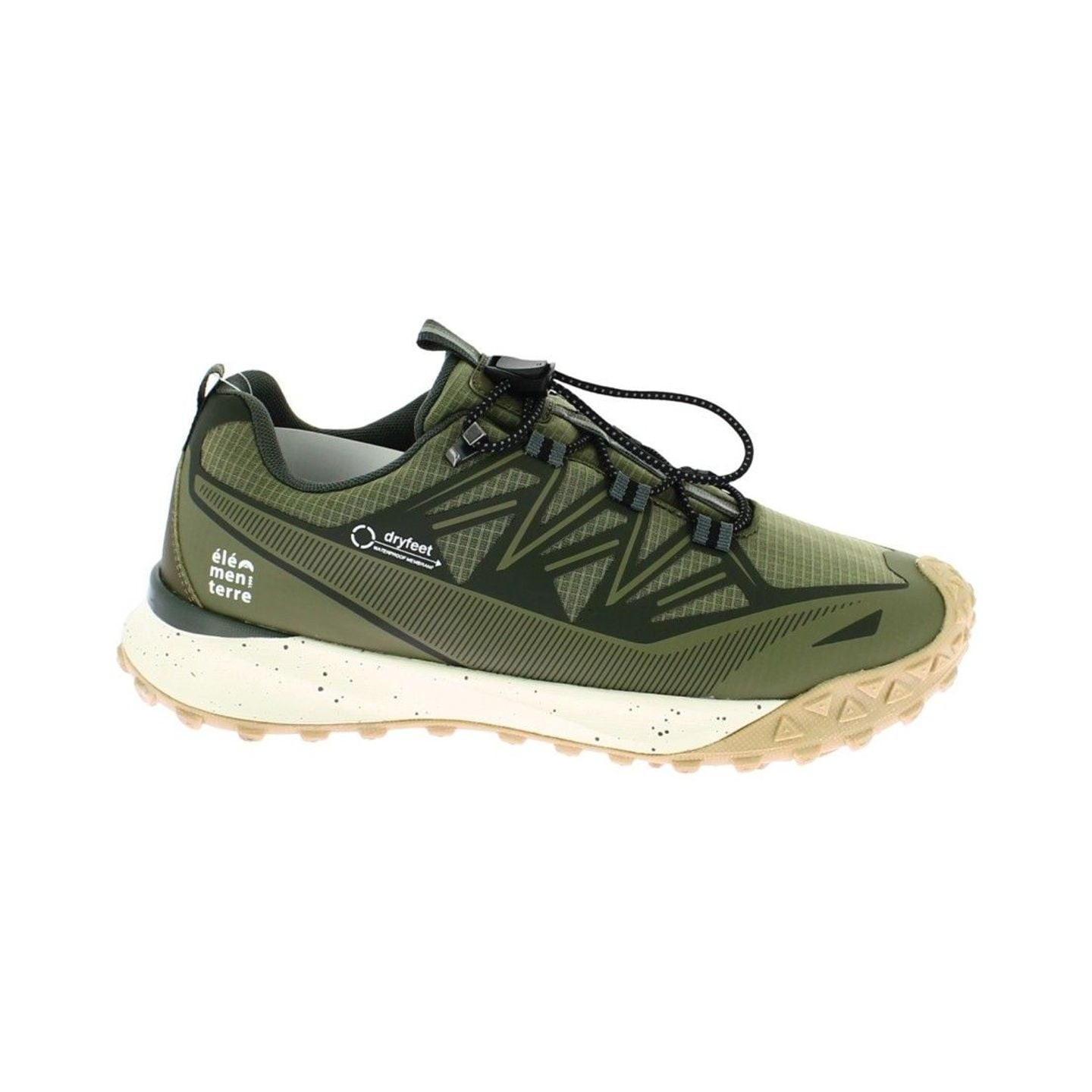 Profil latéral de la chaussure de marche basse Élémenterre Vargas vert olive avec membrane DRYFEET e