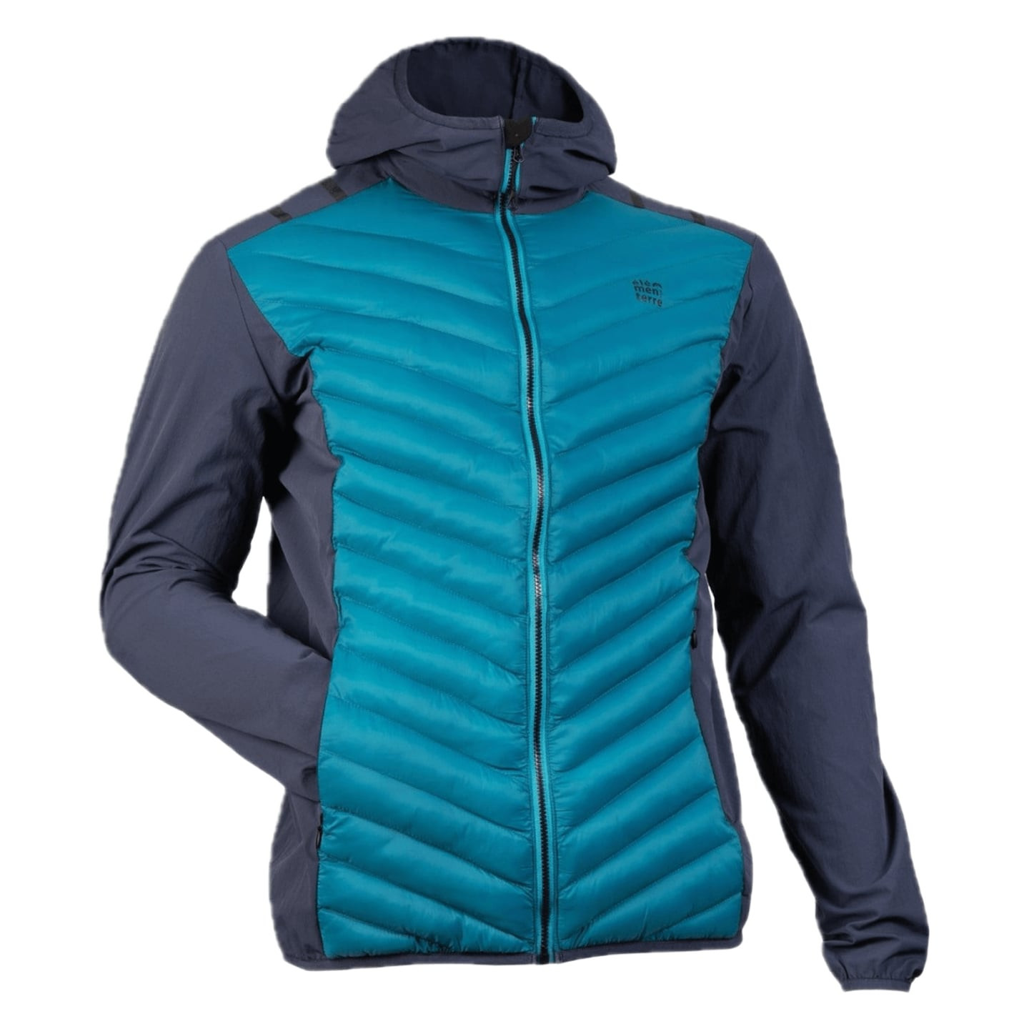 Veste matelassée de randonnée à capuche pour homme, bleu canard et marine, vue de face sur fond blan