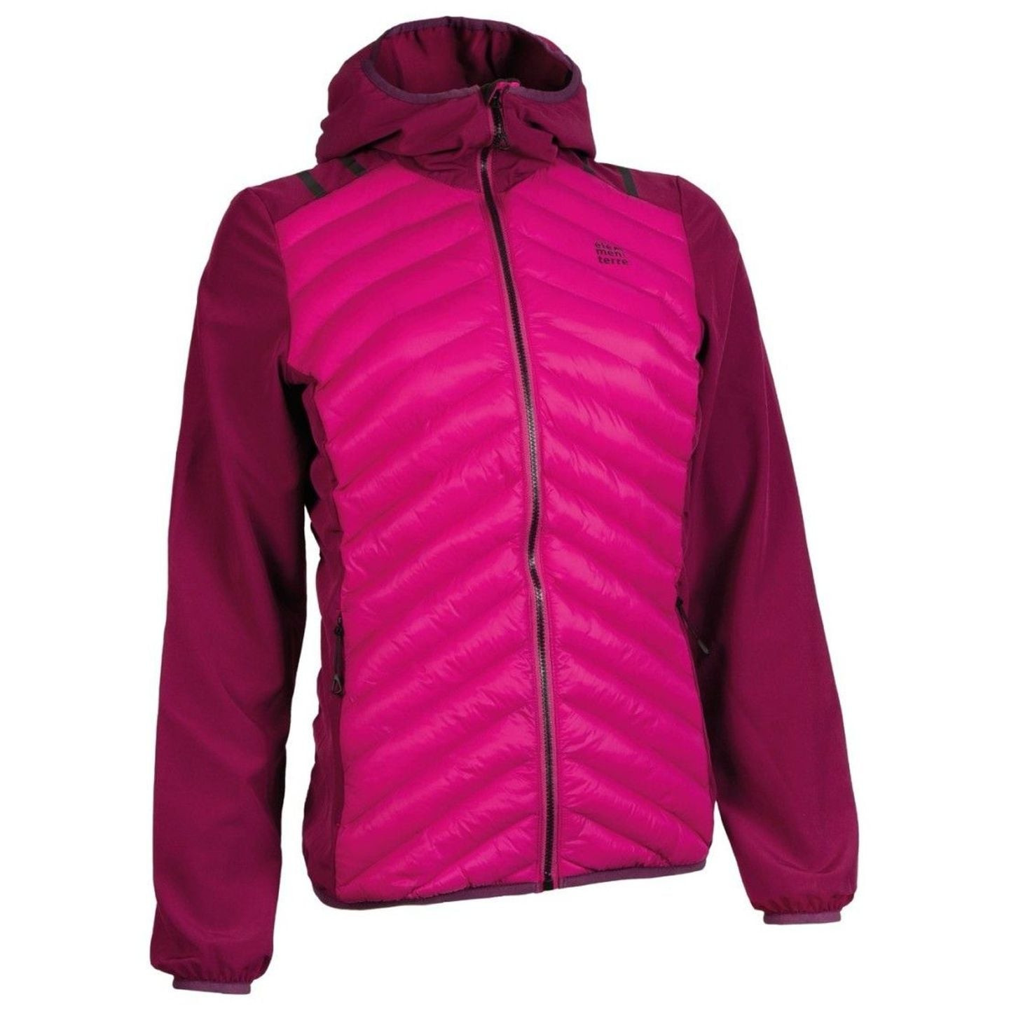 Vue de face de la veste femme à capuche matelassée Élémenterre, coloris fuchsia, sur fond blanc