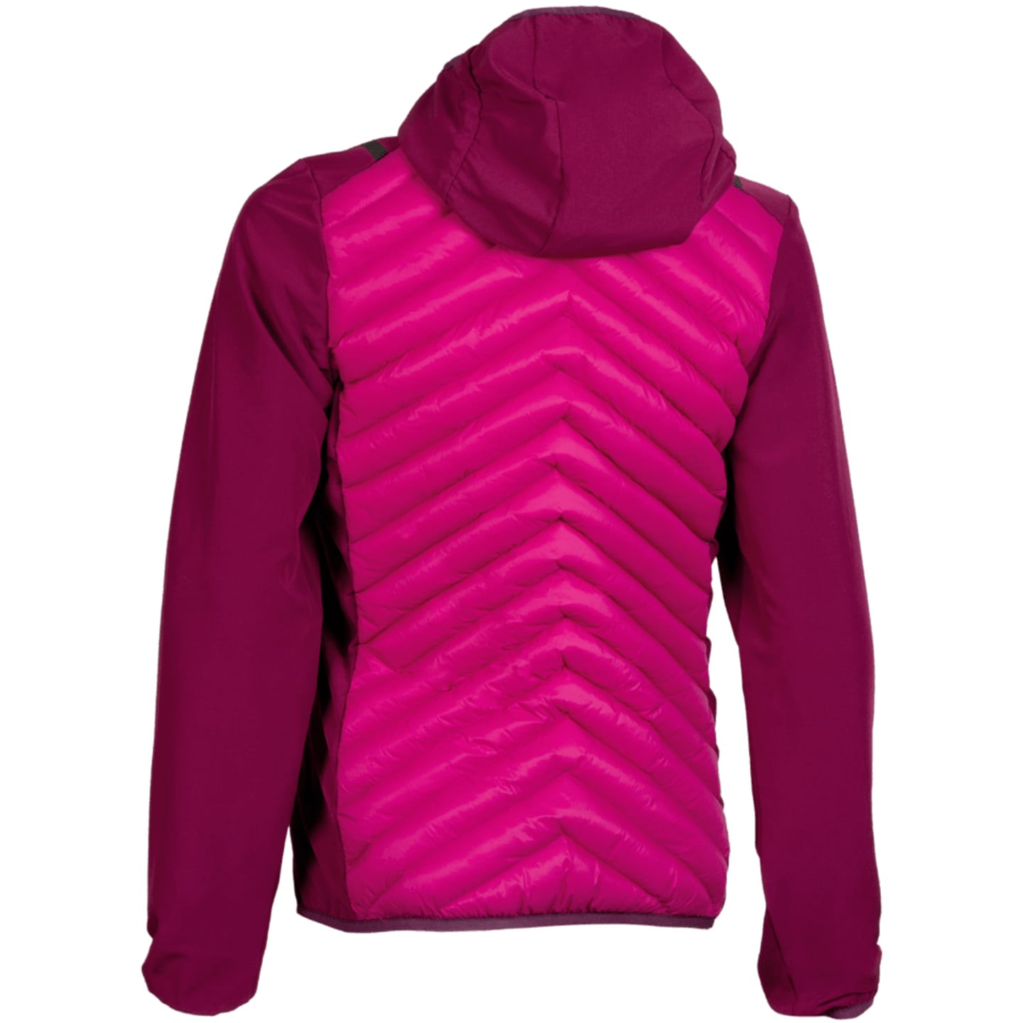 Vue arrière de la veste femme à capuche matelassée Élémenterre fuchsia, surpiquage chevron au dos
