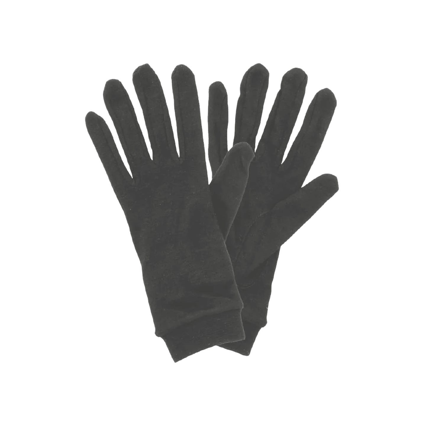 Paire de sous-gants en soie Élémenterre noirs, à plat, doigts écartés sur fond blanc