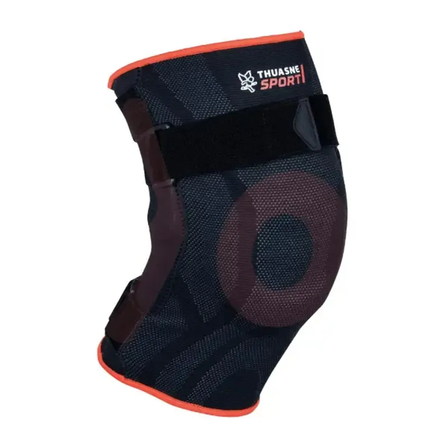 Vue de face de la genouillère ligamentaire Thuasne Sport noire à liseré rouge, anneau rotulien et sa