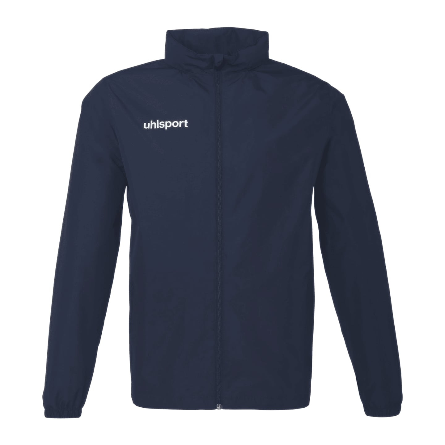 Veste Uhlsport Essential All Weather bleu marine vue de face, zip intégral, col haut et logo blanc p