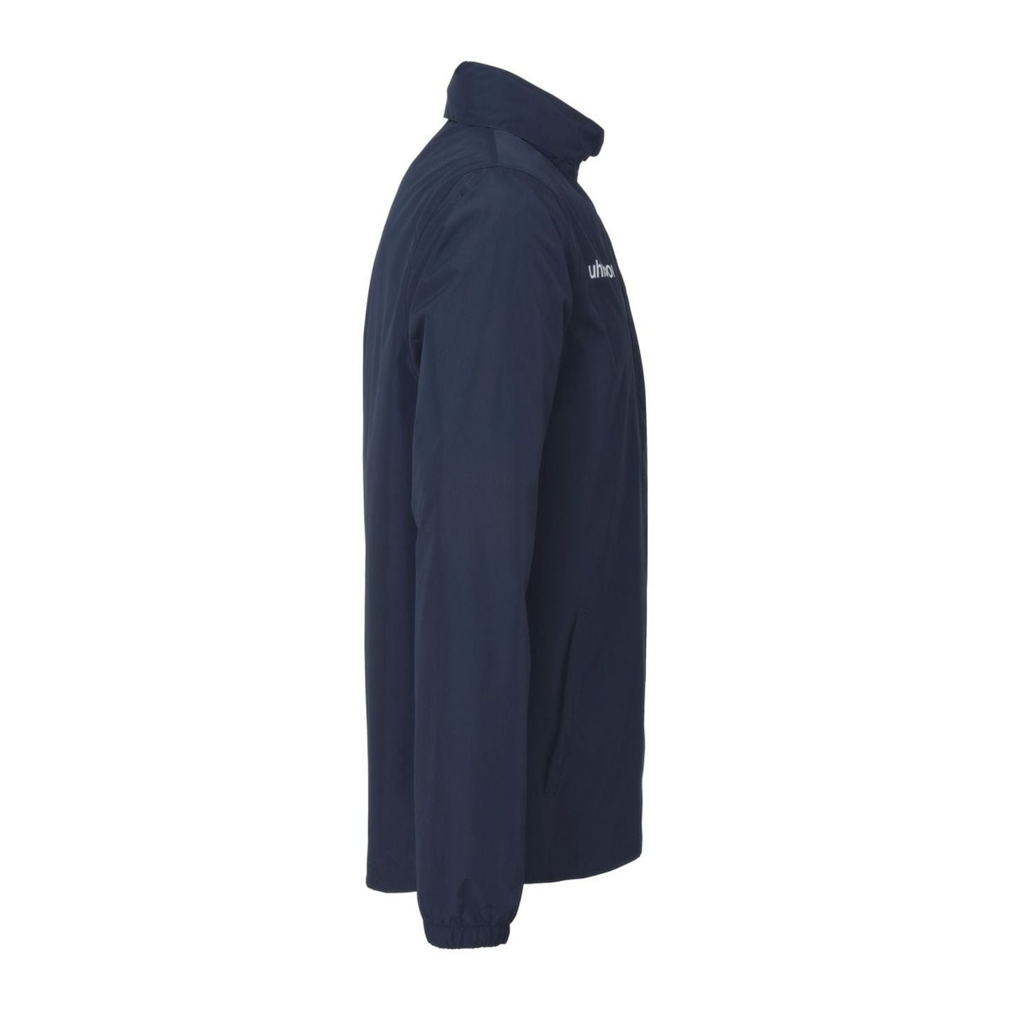 Profil latéral de la veste Uhlsport Essential All Weather bleu marine avec col haut, zip et poche la