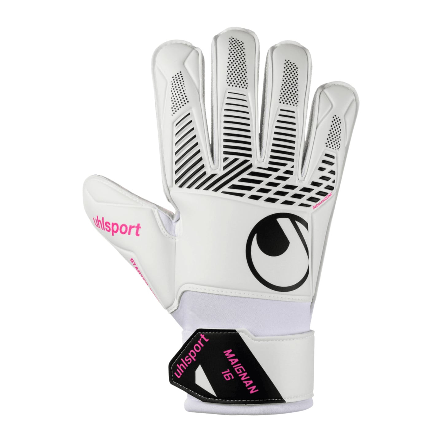 Revers du gant de gardien Uhlsport Fangmaschine Maignan blanc et rose avec motif d'adhérence Rebound