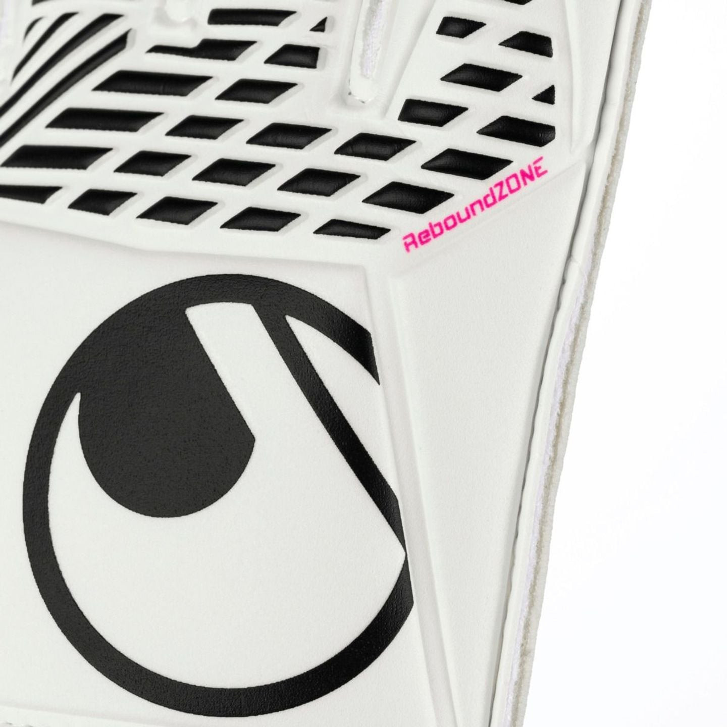 Grille ReboundZone noire embossée et logo U uhlsport sur le latex dorsal blanc du gant de gardien