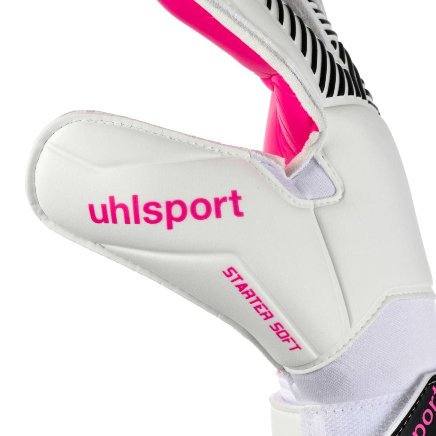 Pouce blanc du gant de gardien Uhlsport imprimé des lettres roses uhlsport et STARTER SOFT, avec cou