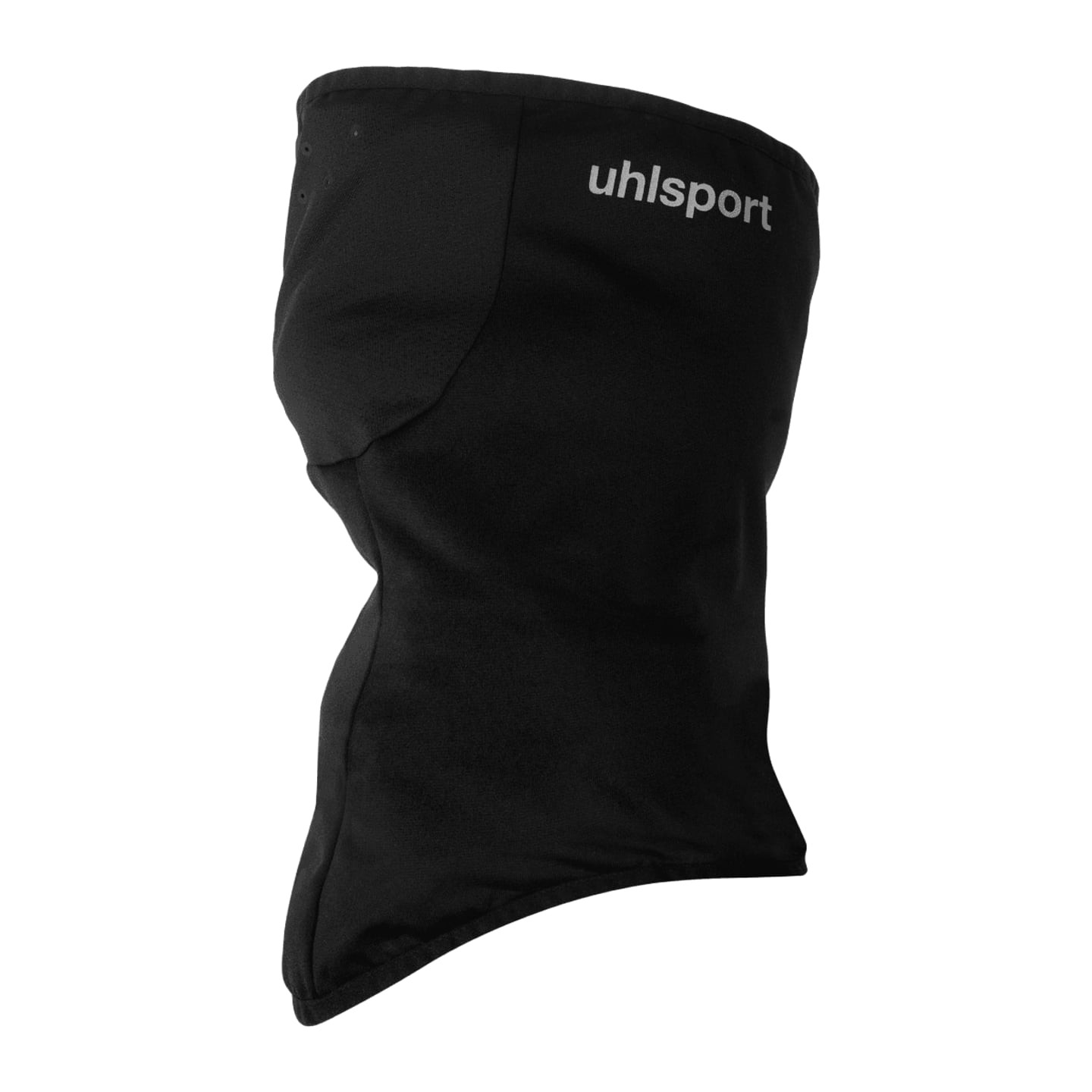 Packshot du tour de cou tubulaire UHLSPORT noir avec logo réfléchissant et trous de ventilation sur 