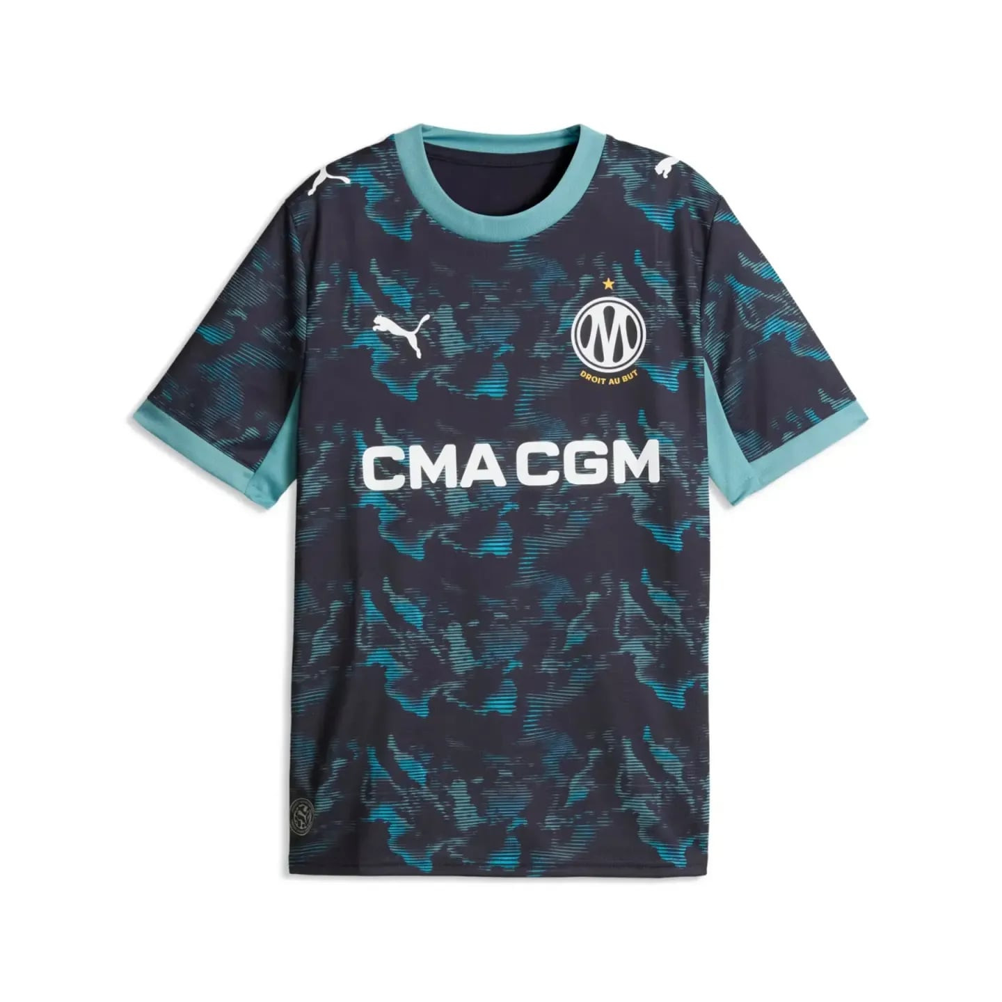 Packshot du maillot de football extérieur réplique OM junior garçon Puma Drycell col rond.