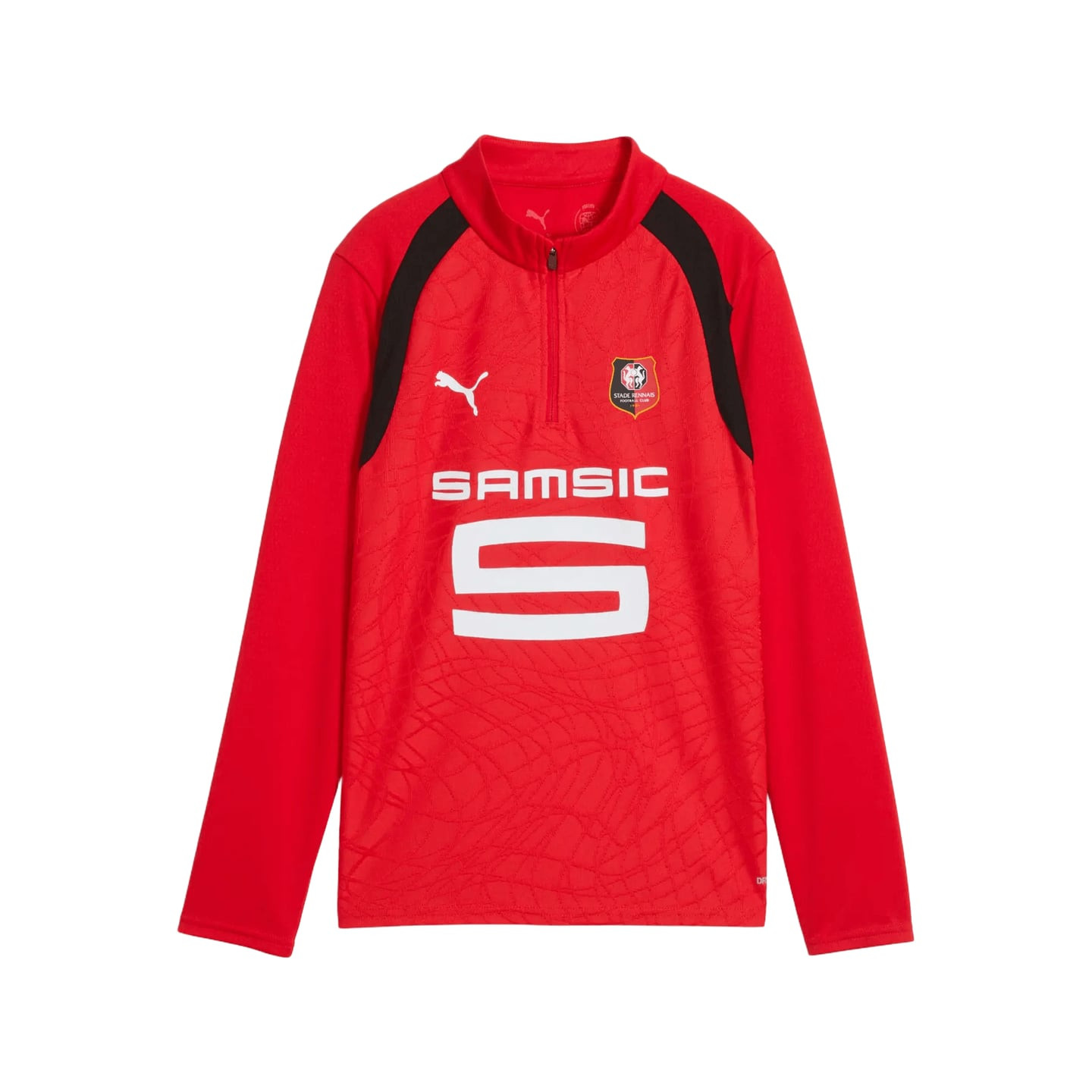 Haut d'entraînement junior Puma Stade Rennais rouge à zip 1/4, épaules noires et logos sponsors