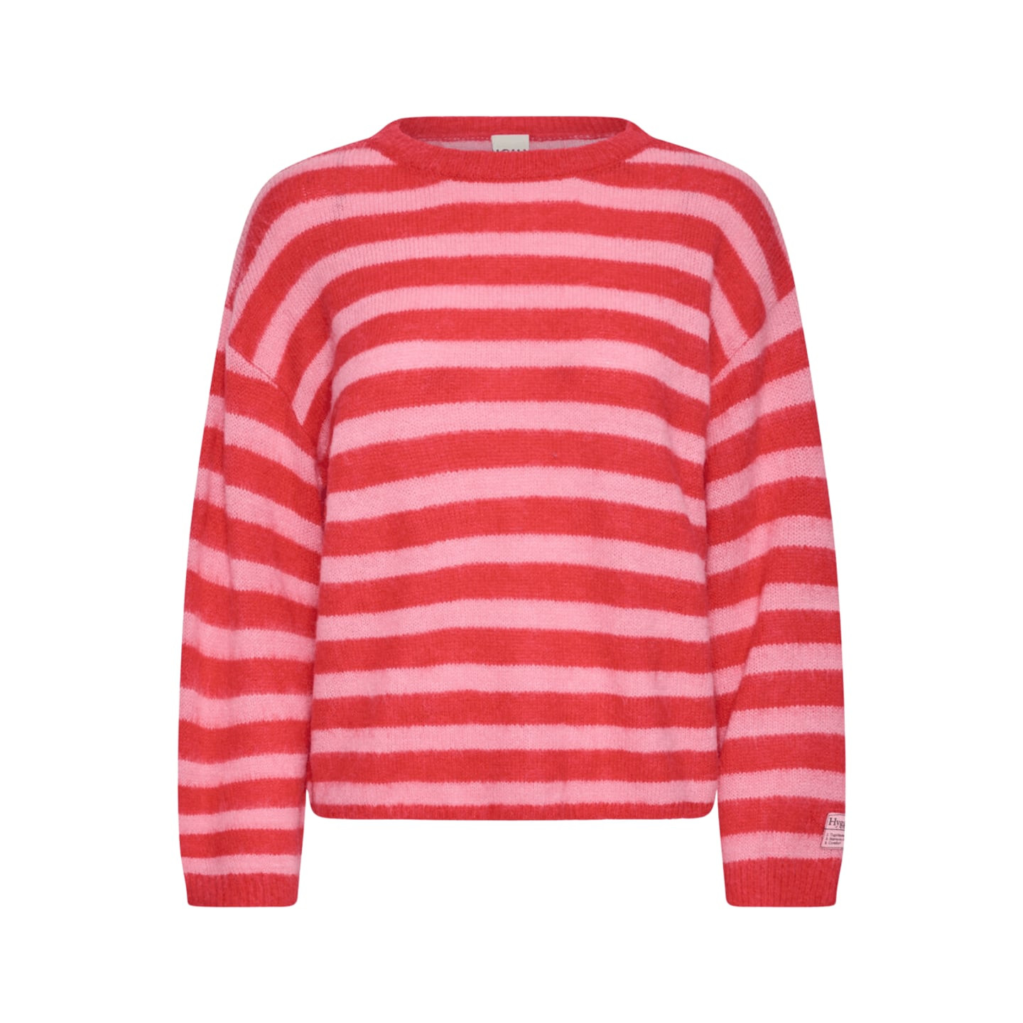 Vue à plat de face du pull en maille femme IHBLUSH LS, rayures horizontales rouges et roses et col r