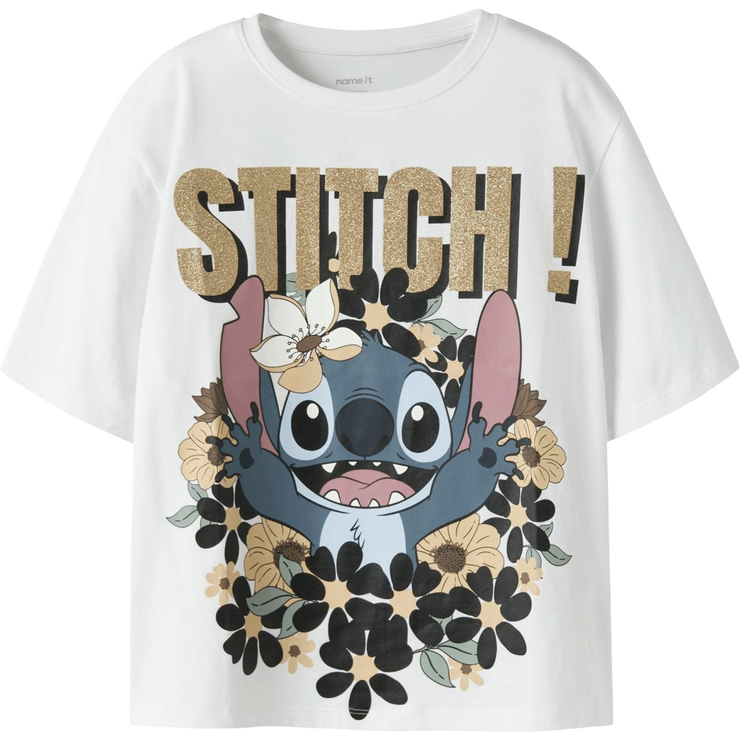 T-shirt blanc pour fille à manches courtes, lettrage STITCH ! doré à paillettes et motif floral Disn
