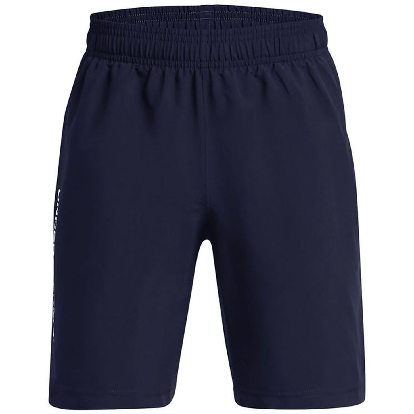Vue de face du short UA Tech Woven Wordmark bleu marine avec ceinture élastique et logo Under Armour