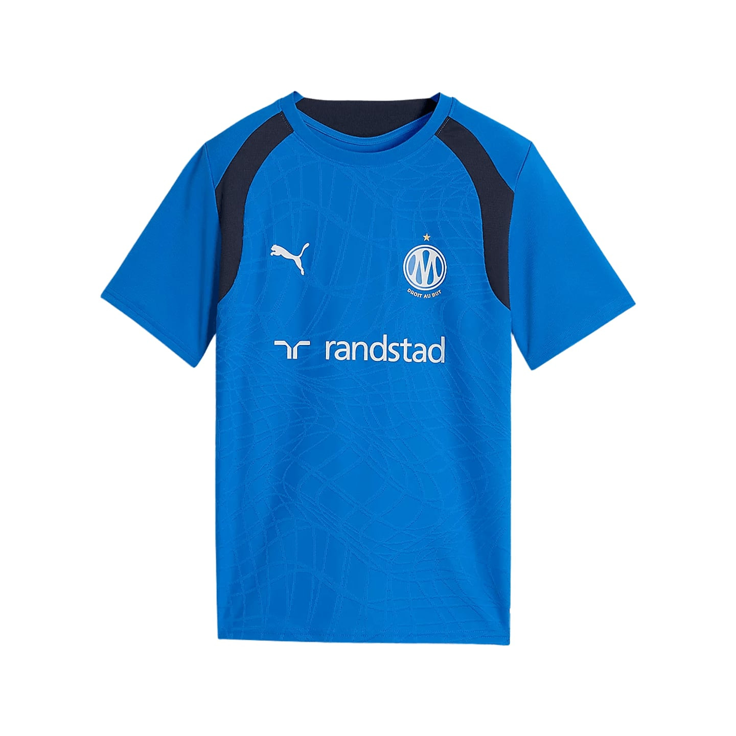 Maillot d'entraînement junior OM bleu PUMA, vue de face avec épaules marine et impression Randstad