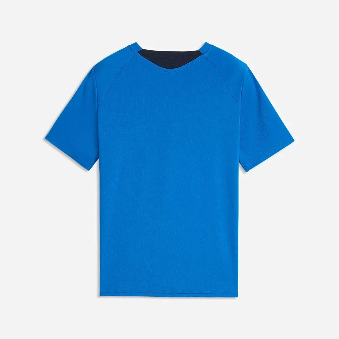 Vue de dos du maillot d'entraînement de football junior OM bleu avec dos uni et bande de cou marine