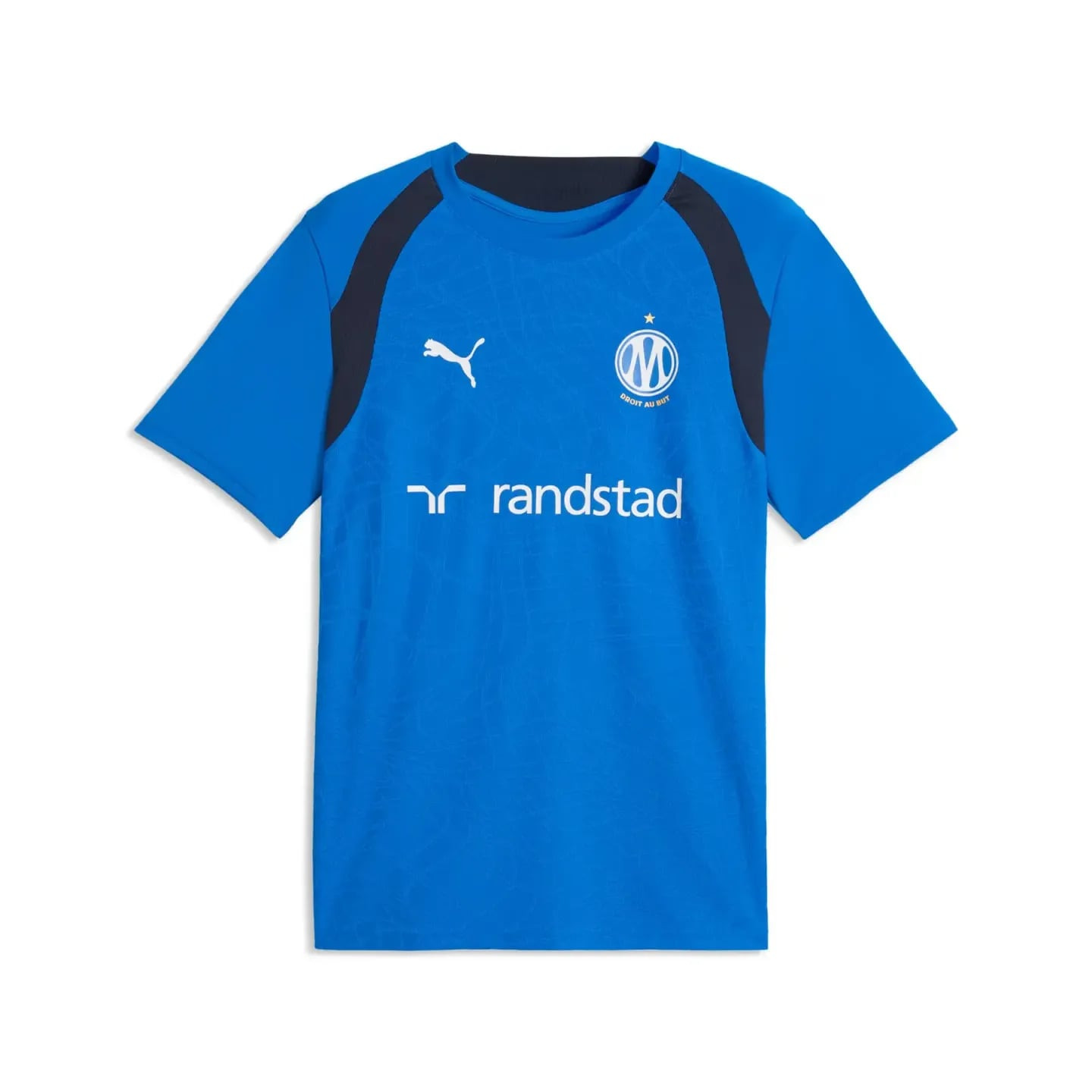 Vue de face du maillot d’entraînement OM bleu avec logo Puma, écusson de Marseille et sponsor Randst