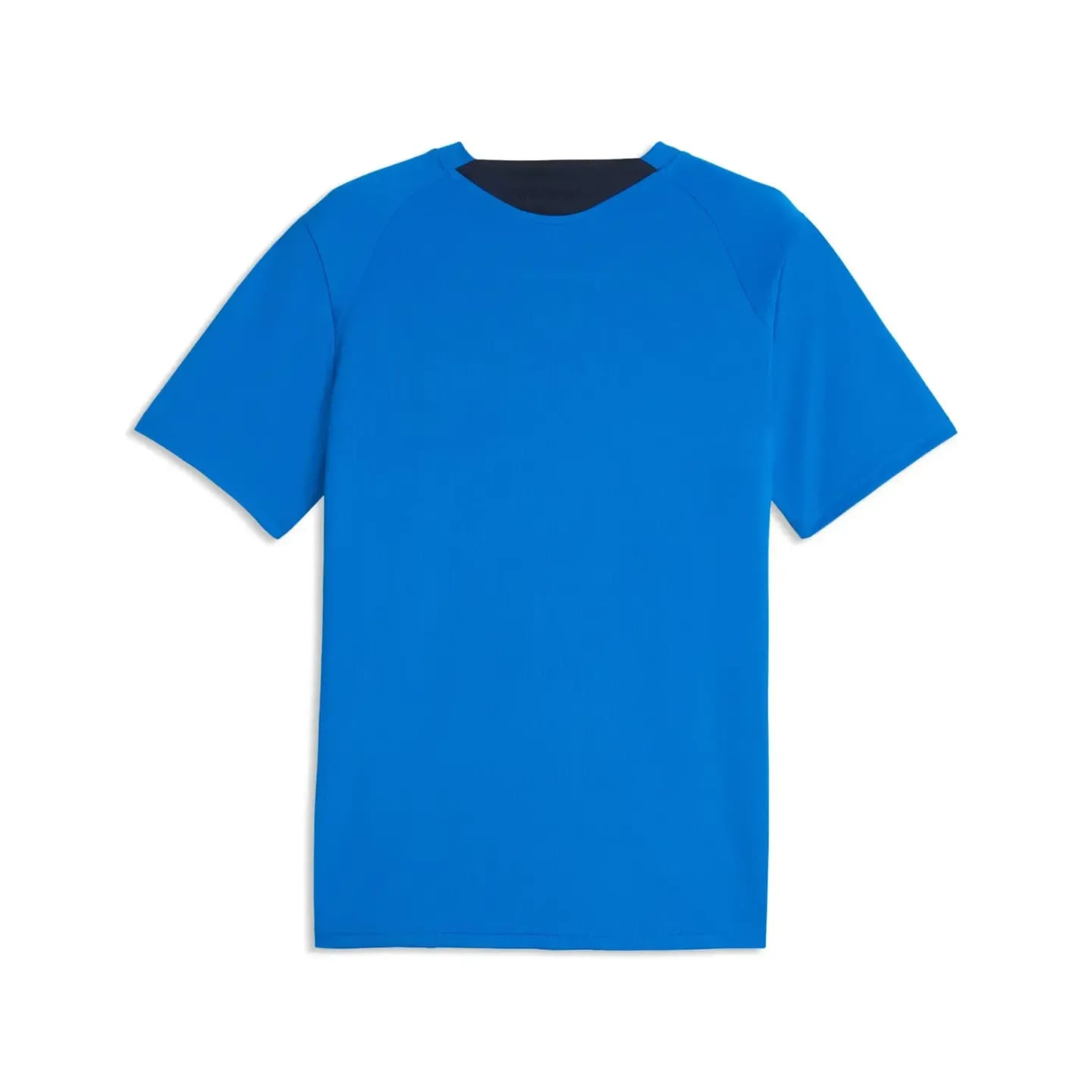 Vue arrière du maillot d'entraînement OM bleu, dos uni à manches raglan et col rond