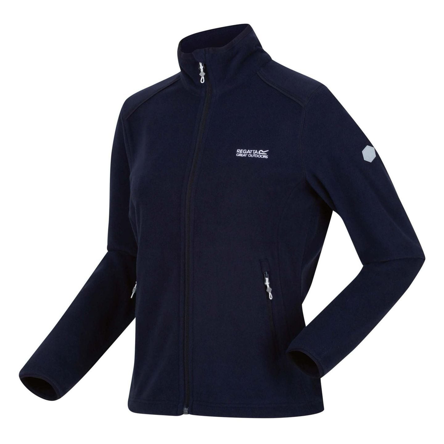 Vue de face inclinée de la polaire Regatta Floreo III femme bleu marine, col montant et poches zippé