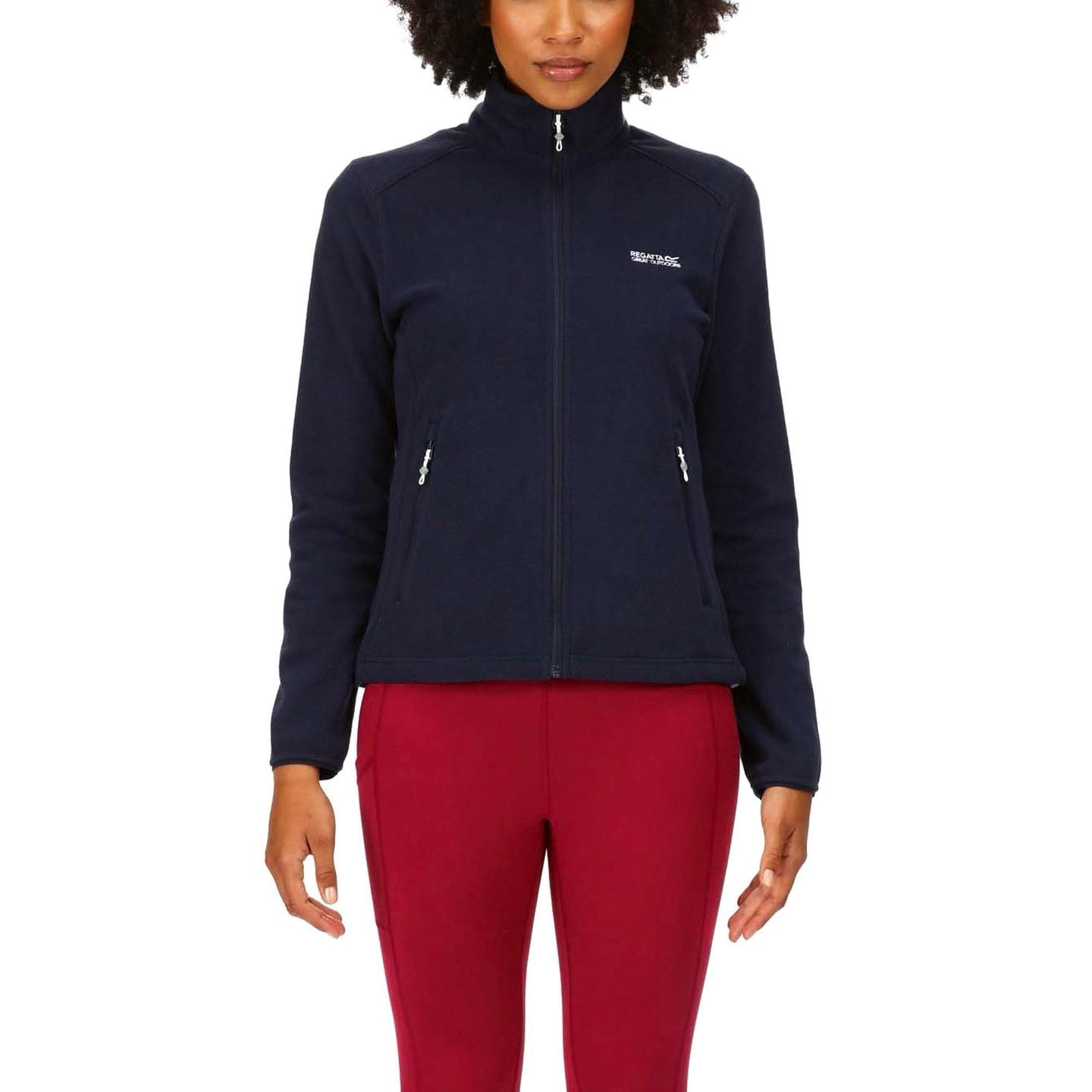 Femme portant une polaire zippée Regatta Floreo III bleu marine, vue de face, en couche extérieure