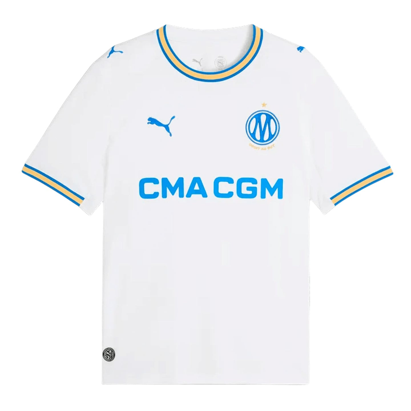 Maillot domicile OM réplique, vue de face : maillot de football blanc, logo PUMA bleu, écusson OM et