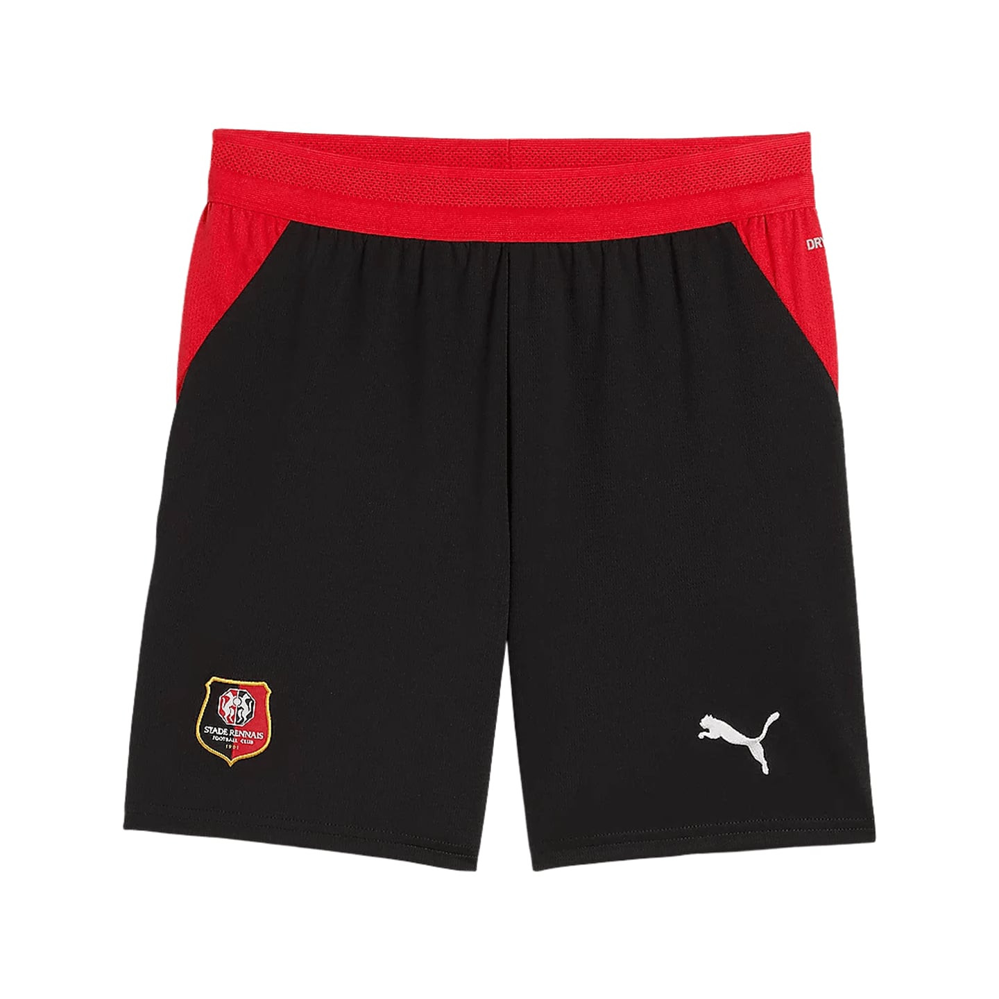 Short de football noir SRFC Replica Jr vu de face : ceinture rouge, écusson du Stade Rennais et logo