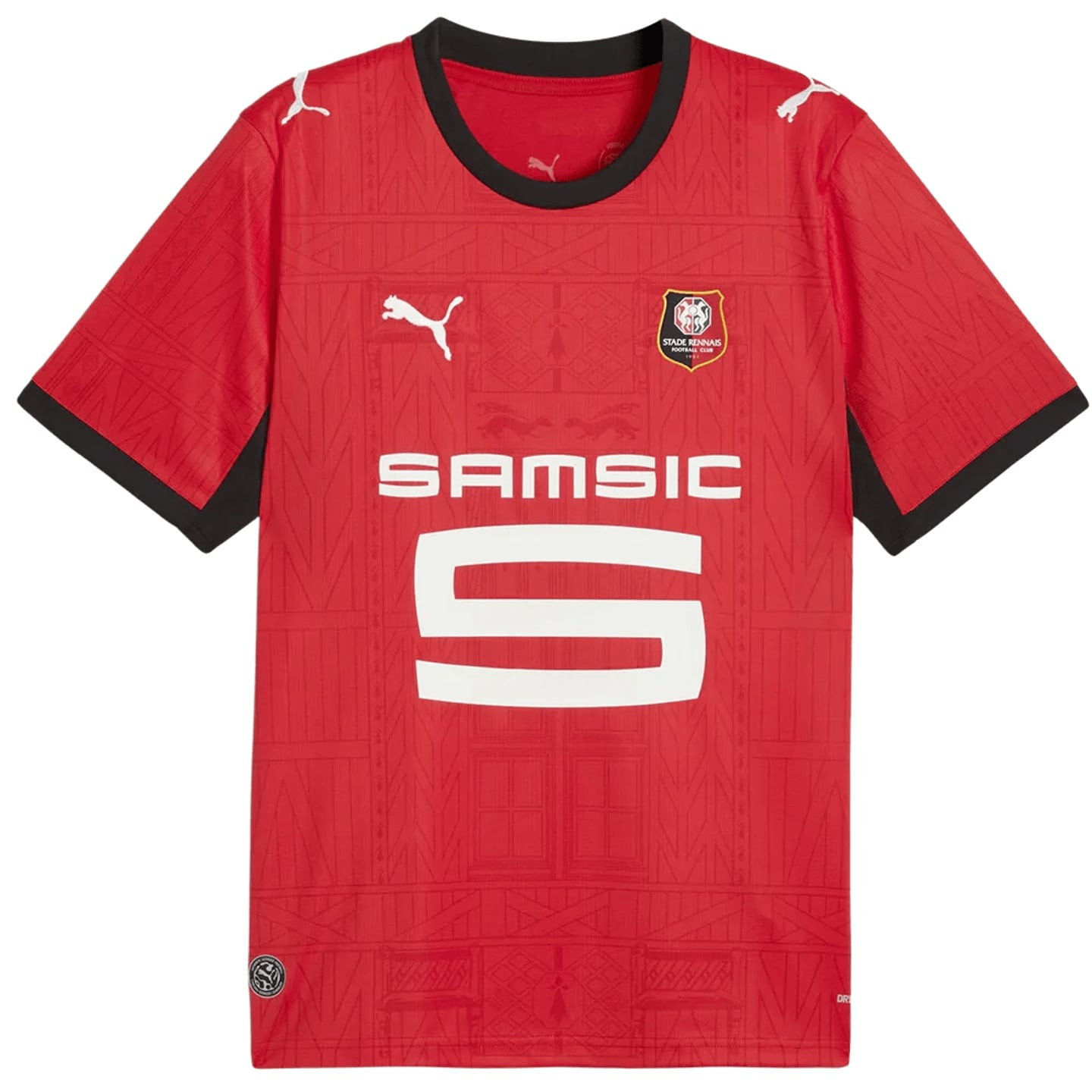 Vue de face du maillot domicile réplique Puma Stade Rennais FC 2026-2027 rouge avec col noir et logo