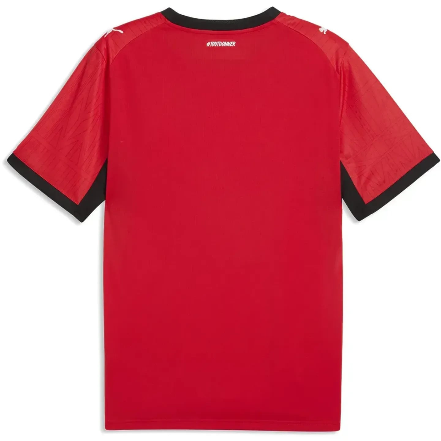Vue arrière du maillot domicile replica rouge du Stade Rennais FC avec col noir et inscription #TOUT