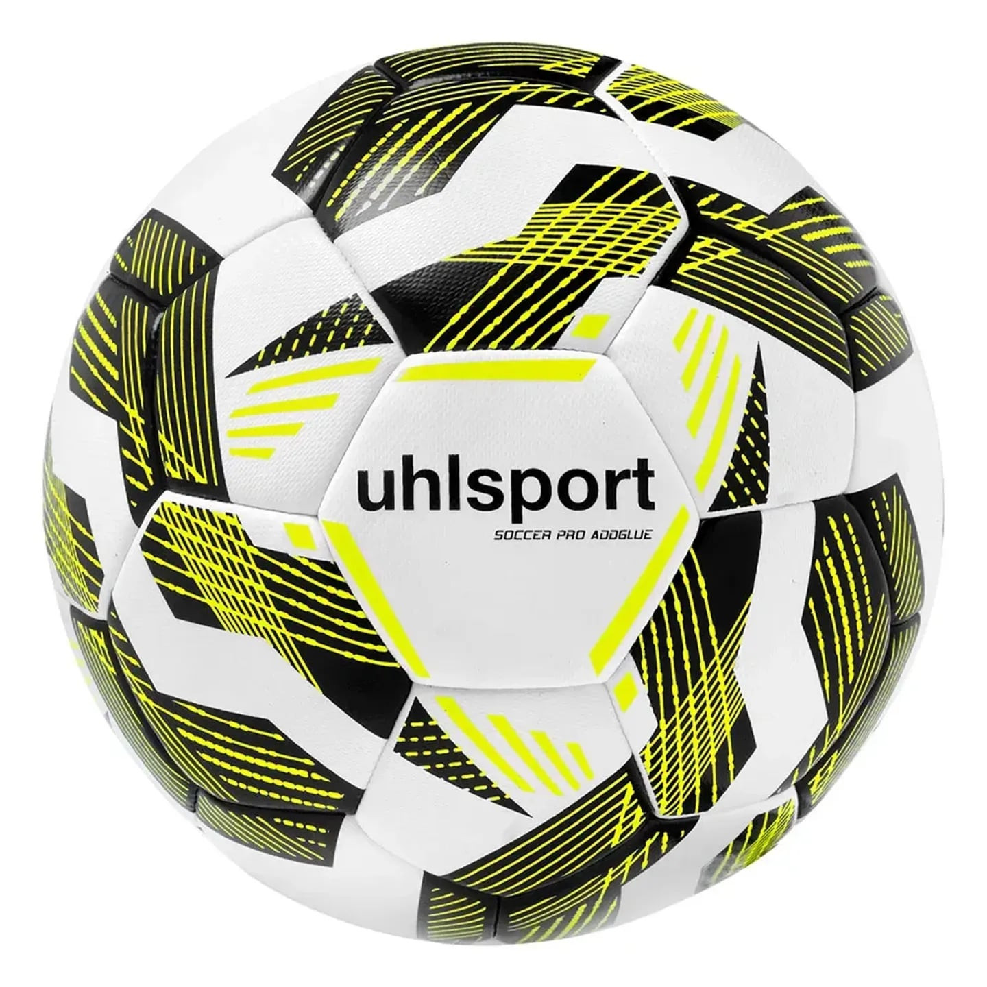 Ballon de football Uhlsport Soccer Pro Addglue blanc, noir et jaune fluo, motif géométrique sur fond