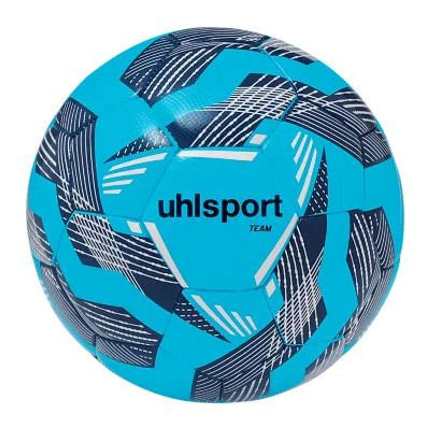 Ballon d'entraînement uhlsport TEAM bleu vif avec motif graphique marine sur fond blanc