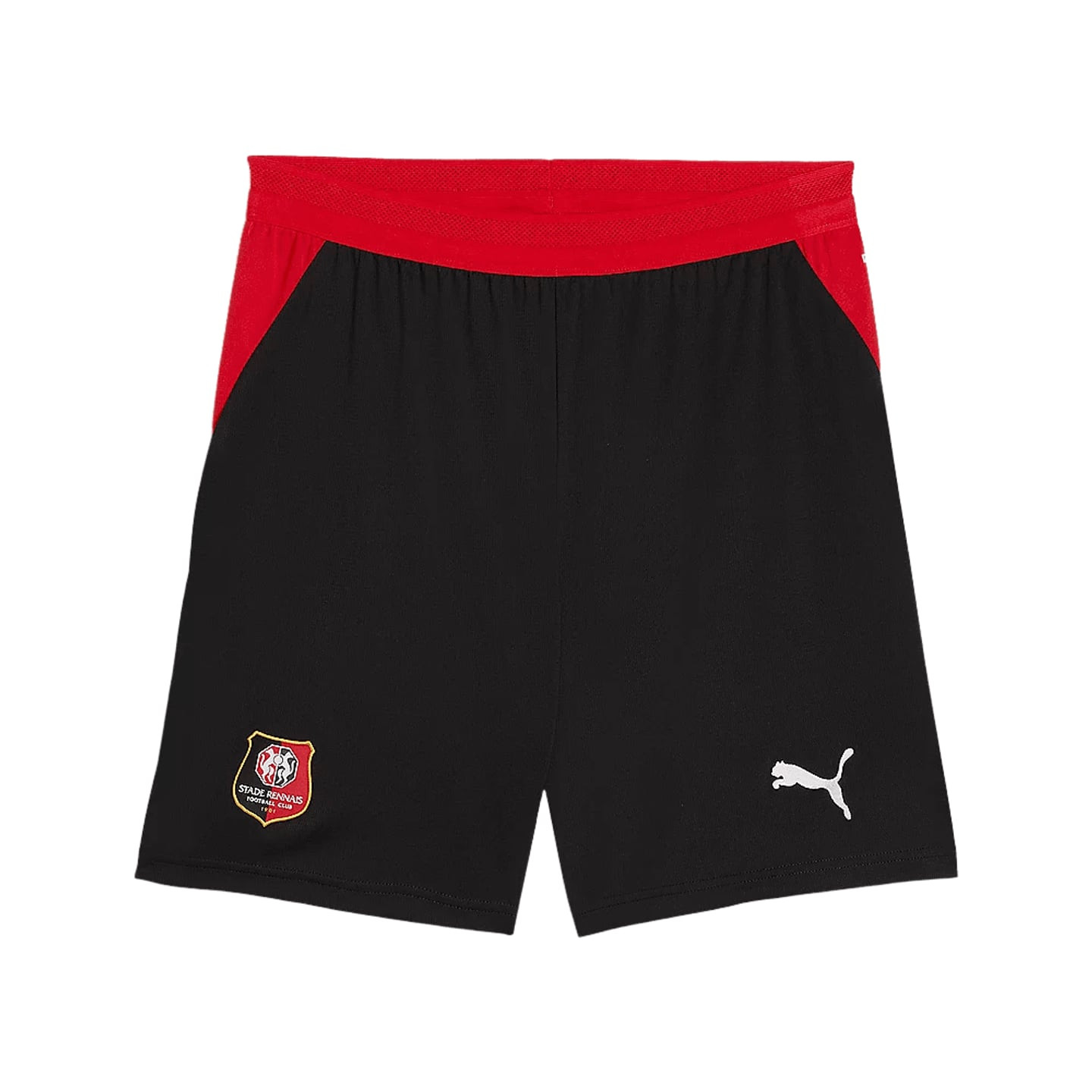 Vue de face du short de football réplique PUMA SRFC noir et rouge avec écusson du club et logo Puma
