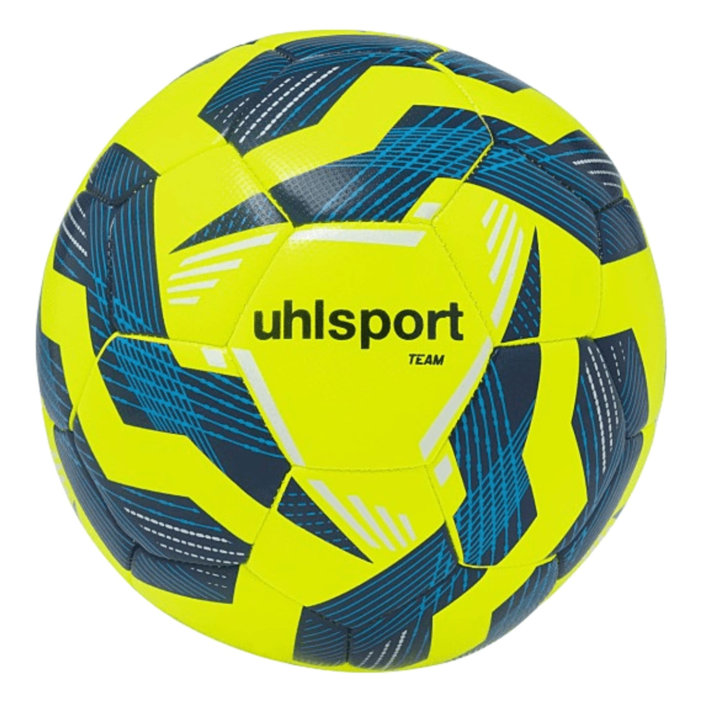 Ballon d'entraînement UHLSPORT TEAM jaune et marine, panneaux géométriques, packshot sur fond blanc