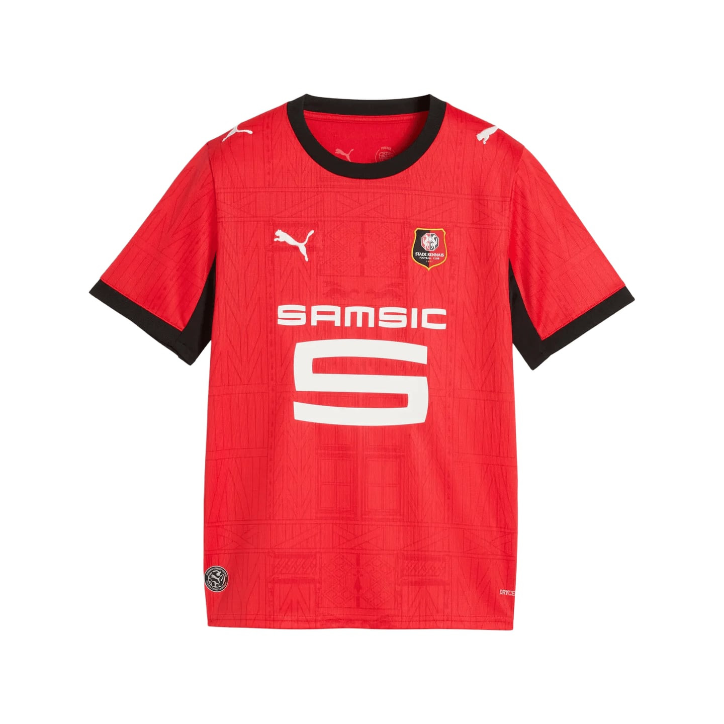 Vue de face du maillot domicile PUMA SRFC réplica junior rouge pour enfant, col noir, sponsor SAMSIC