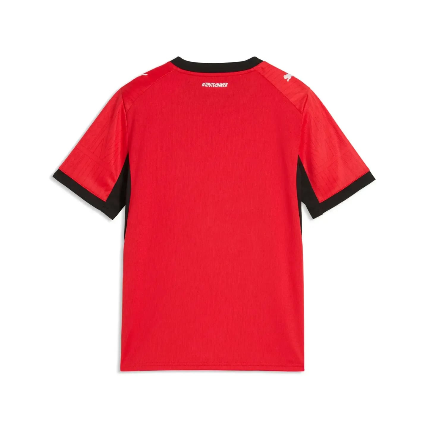 Vue de dos du maillot domicile PUMA SRFC réplica junior rouge avec print #TOUTDONNER et liserés noir